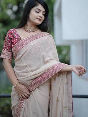 Cream Jari Thread With Work Georgette Saree 1