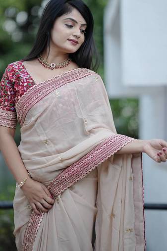 Cream Jari Thread With Work Georgette Saree