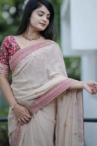 Cream Jari Thread With Work Georgette Saree