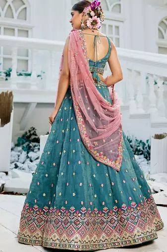 Teal colour Tissue sequin embroidery Semi-Stitched Lehenga choli & Dupatta