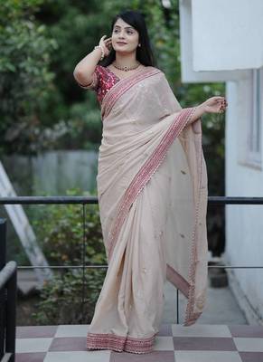 Cream Jari Thread With Work Georgette Saree 2