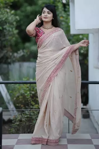 Cream Jari Thread With Work Georgette Saree