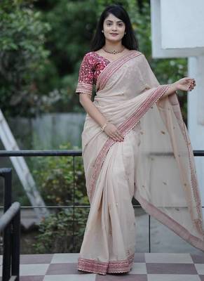 Cream Jari Thread With Work Georgette Saree 3