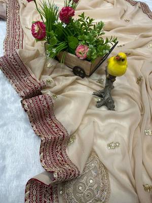 Cream Jari Thread With Work Georgette Saree 5
