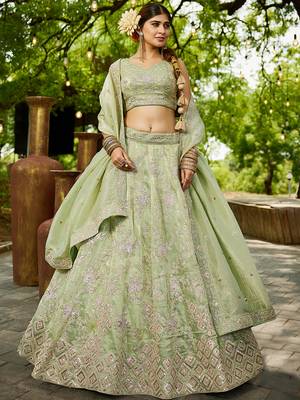 Lime Green colour Tissue sequin embroidery Semi-Stitched Lehenga choli & Dupatta 1