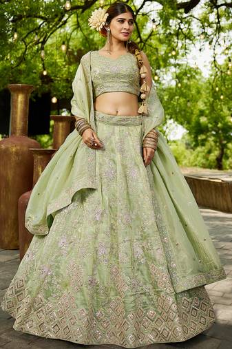 Lime Green colour Tissue sequin embroidery Semi-Stitched Lehenga choli & Dupatta