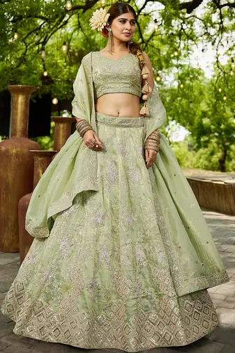 Lime Green colour Tissue sequin embroidery Semi-Stitched Lehenga choli & Dupatta