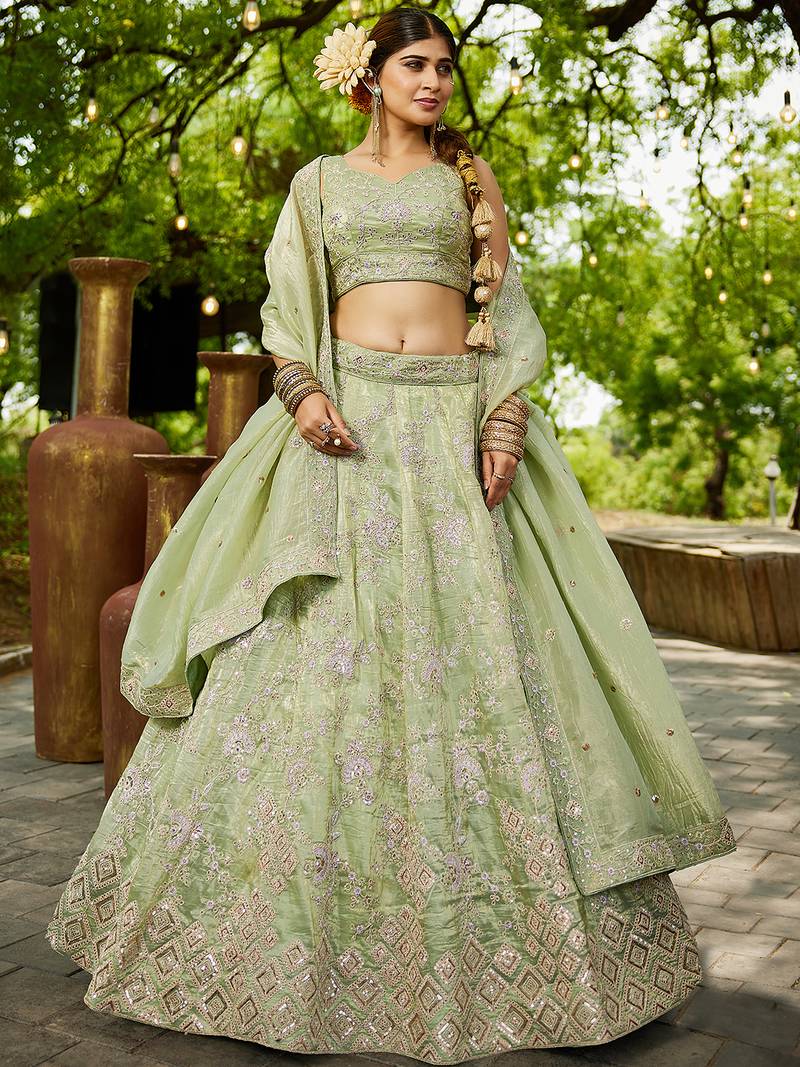 Lime Green colour Tissue sequin embroidery Semi-Stitched Lehenga choli & Dupatta