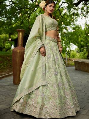 Lime Green colour Tissue sequin embroidery Semi-Stitched Lehenga choli & Dupatta 3