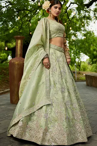 Lime Green colour Tissue sequin embroidery Semi-Stitched Lehenga choli & Dupatta