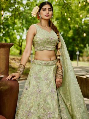 Lime Green colour Tissue sequin embroidery Semi-Stitched Lehenga choli & Dupatta 4