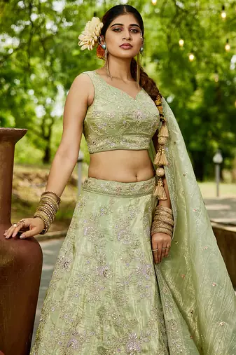 Lime Green colour Tissue sequin embroidery Semi-Stitched Lehenga choli & Dupatta