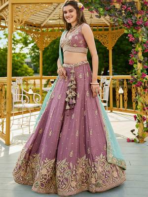 Rose gold colour Chinnon sequin embroidery Semi-Stitched Lehenga choli & Dupatta 3
