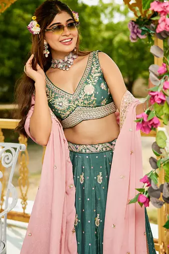 Teal colour Chinnon sequin embroidery Semi-Stitched Lehenga choli & Dupatta