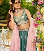 Teal colour Chinnon sequin embroidery Semi-Stitched Lehenga choli & Dupatta