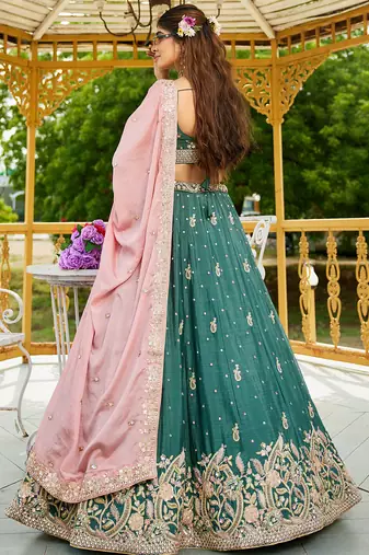 Teal colour Chinnon sequin embroidery Semi-Stitched Lehenga choli & Dupatta