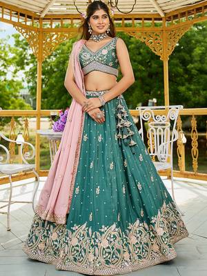 Teal colour Chinnon sequin embroidery Semi-Stitched Lehenga choli & Dupatta 3