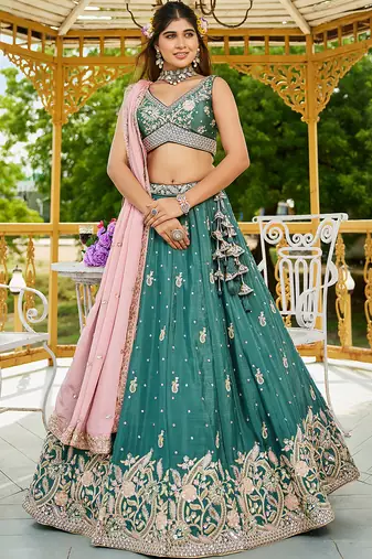 Teal colour Chinnon sequin embroidery Semi-Stitched Lehenga choli & Dupatta