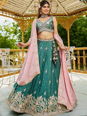 Teal colour Chinnon sequin embroidery Semi-Stitched Lehenga choli & Dupatta 4