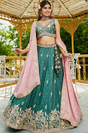 Teal colour Chinnon sequin embroidery Semi-Stitched Lehenga choli & Dupatta