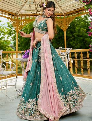 Teal colour Chinnon sequin embroidery Semi-Stitched Lehenga choli & Dupatta 5