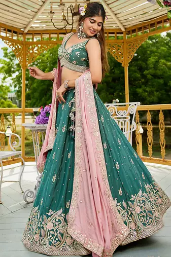 Teal colour Chinnon sequin embroidery Semi-Stitched Lehenga choli & Dupatta