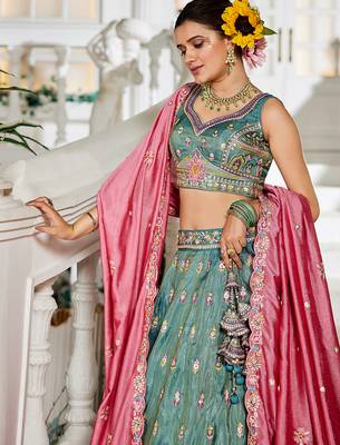 Sea green colour Tissue sequin embroidery Semi-Stitched Lehenga choli & Dupatta 1