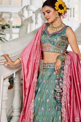 Sea green colour Tissue sequin embroidery Semi-Stitched Lehenga choli & Dupatta