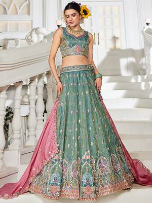 Sea green colour Tissue sequin embroidery Semi-Stitched Lehenga choli & Dupatta 3