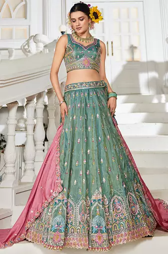 Sea green colour Tissue sequin embroidery Semi-Stitched Lehenga choli & Dupatta