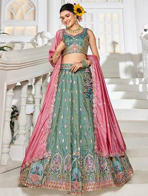 Sea green colour Tissue sequin embroidery Semi-Stitched Lehenga choli & Dupatta 4