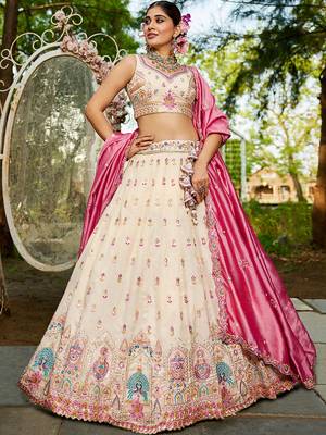 Cream colour Tissue sequin embroidery Semi-Stitched Lehenga choli & Dupatta 1