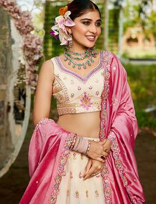 Cream colour Tissue sequin embroidery Semi-Stitched Lehenga choli & Dupatta 3