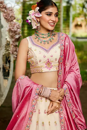 Cream colour Tissue sequin embroidery Semi-Stitched Lehenga choli & Dupatta