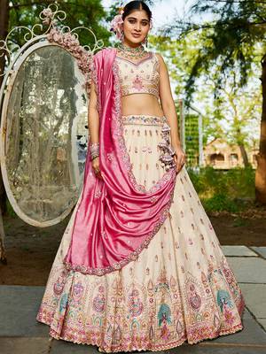 Cream colour Tissue sequin embroidery Semi-Stitched Lehenga choli & Dupatta 5