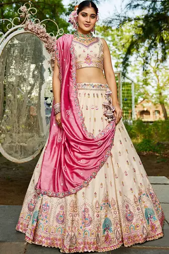 Cream colour Tissue sequin embroidery Semi-Stitched Lehenga choli & Dupatta