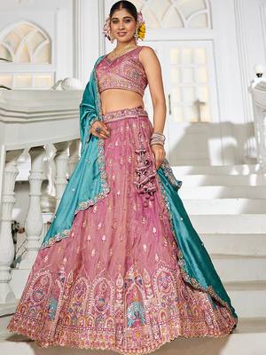 Pink colour Tissue sequin embroidery Semi-Stitched Lehenga choli & Dupatta 1