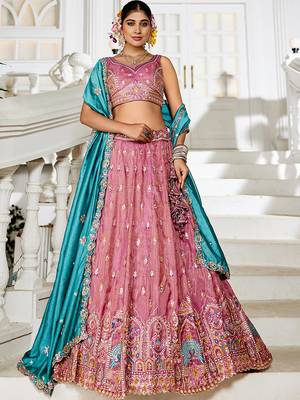 Pink colour Tissue sequin embroidery Semi-Stitched Lehenga choli & Dupatta 4