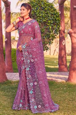 Pink sequin embroidered work net saree sari 1