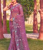 Pink sequin embroidered work net saree sari