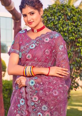 Pink sequin embroidered work net saree sari 2