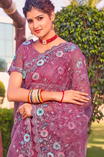 Pink sequin embroidered work net saree sari