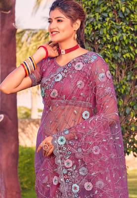 Pink sequin embroidered work net saree sari 3