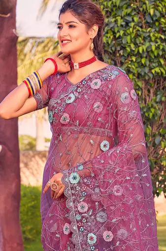Pink sequin embroidered work net saree sari
