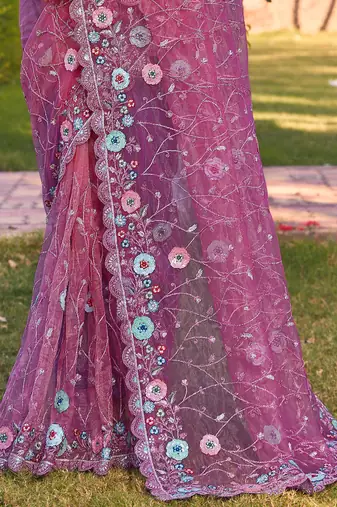 Pink sequin embroidered work net saree sari