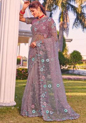 Lavender sequin embroidered work net saree sari 1