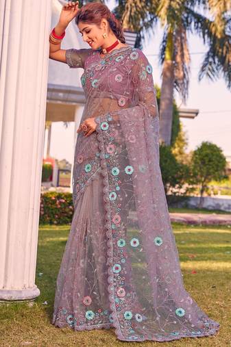 Lavender sequin embroidered work net saree sari