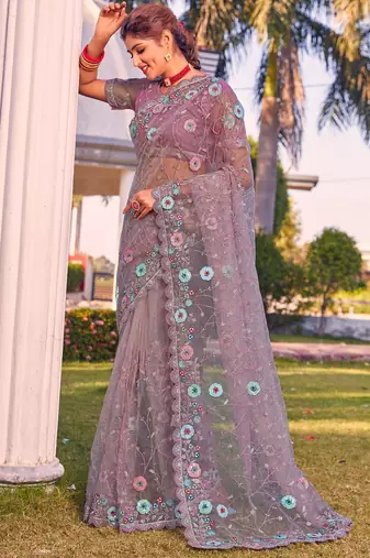 Lavender sequin embroidered work net saree sari