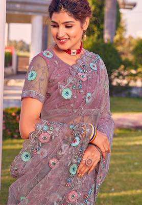 Lavender sequin embroidered work net saree sari 2