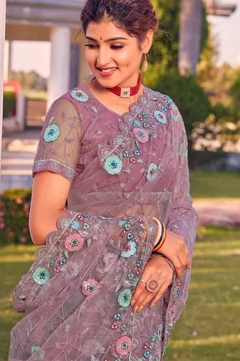 Lavender sequin embroidered work net saree sari